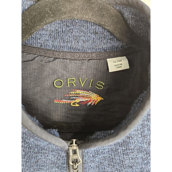 Orvis Mens Size XL Full Zip Vest Jacket Navy Blue w/ Quilted Black Panels Warm - Picture 2 of 8